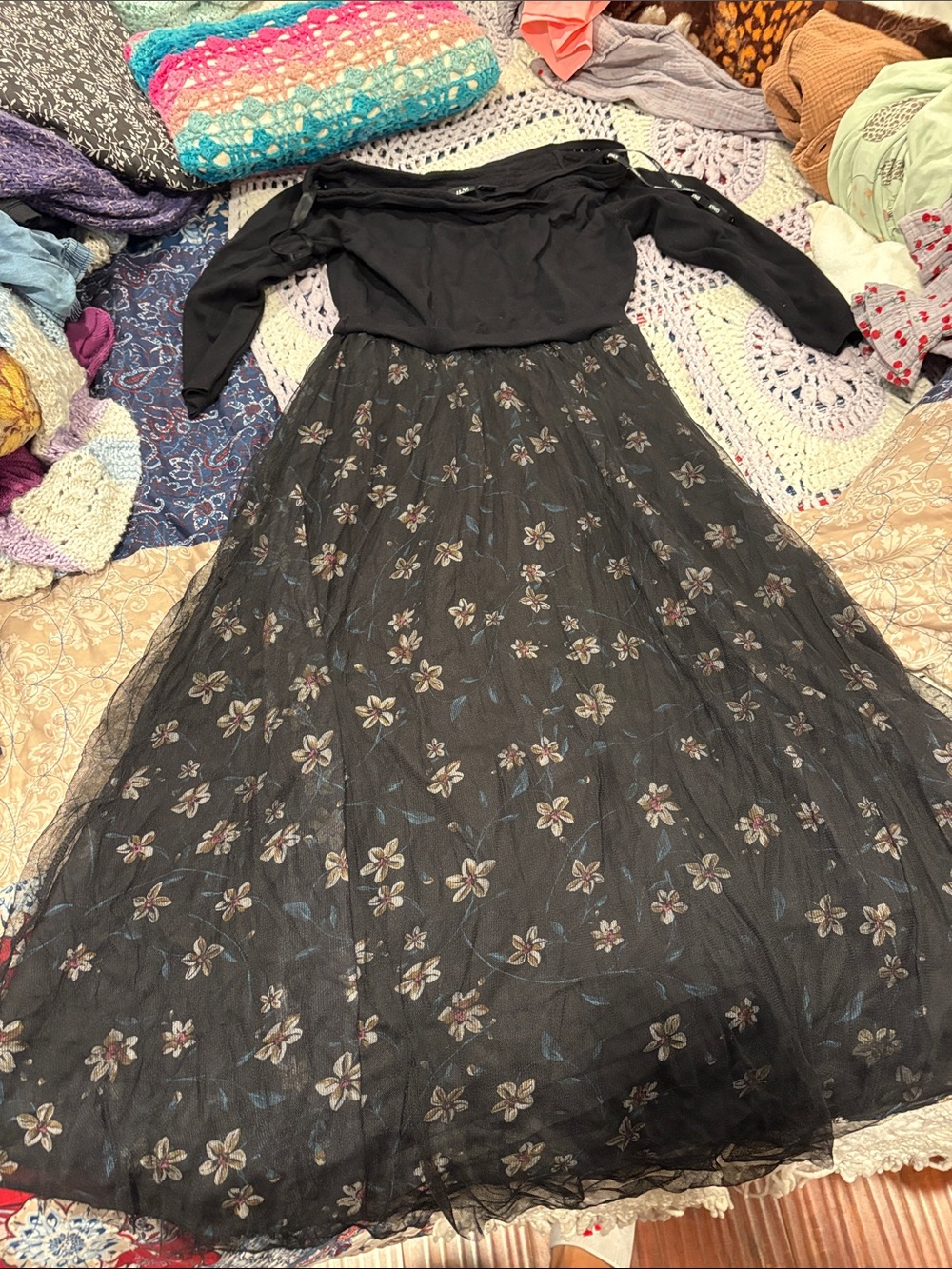 Only Black Off-Shoulder Floral Tulle Maxi Dress